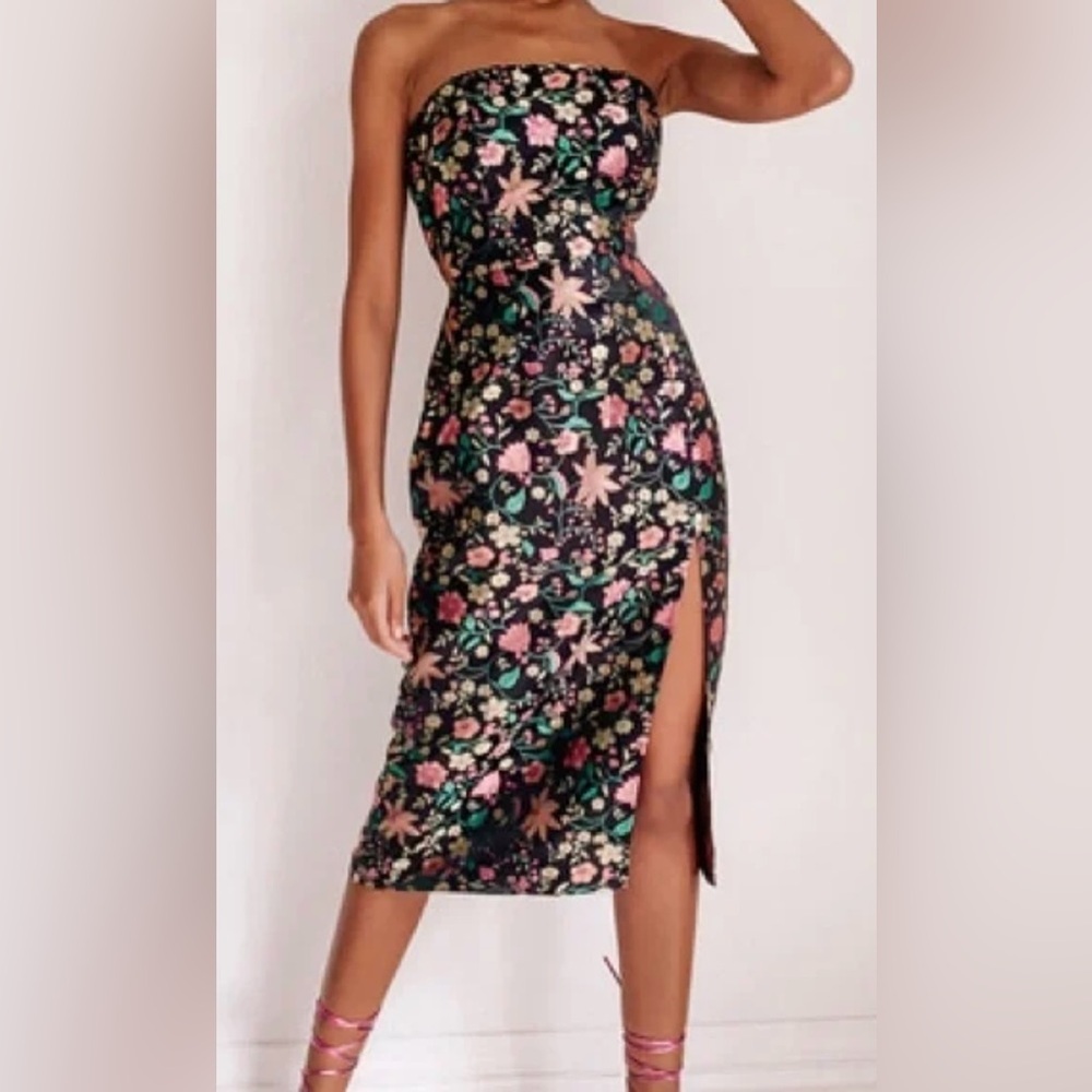 Lulus Black Satin Feel Floral Pink Black Midi Dress Strapless Sz M